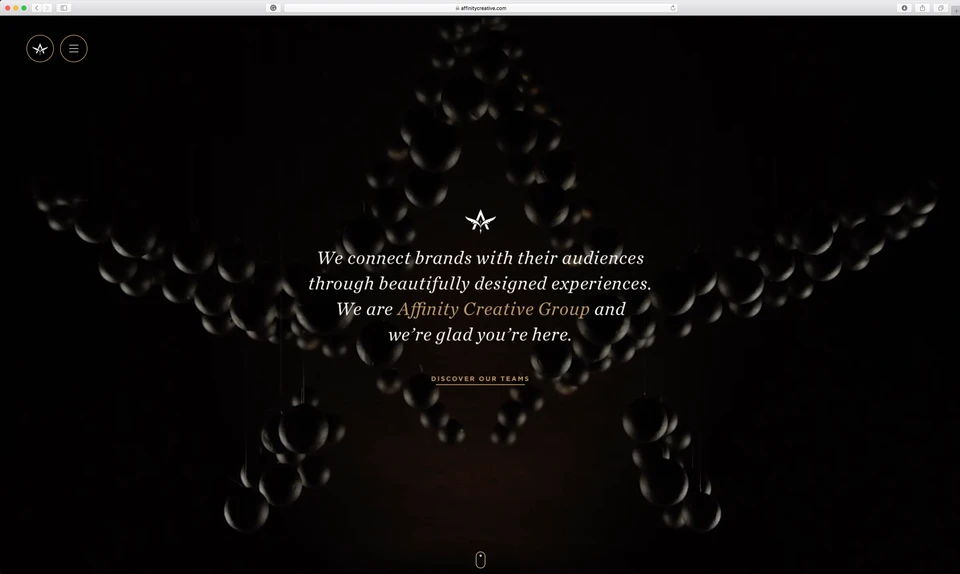 Affinity website introduction with the winged A symbol above the agency positioning statement.