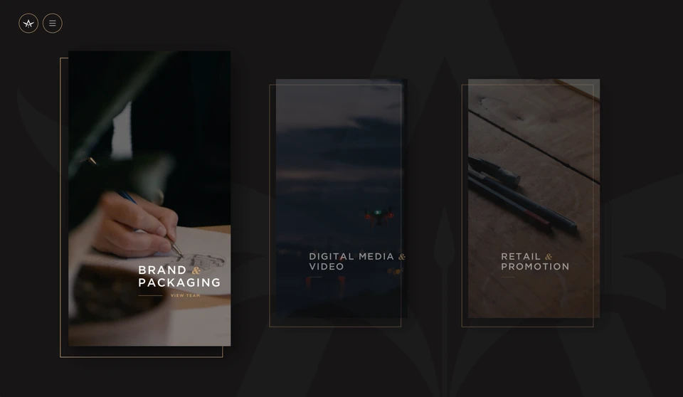 Affinity website services screen showing brand and packaging, digital media and video, and retail and promotion over a large winged A symbol.