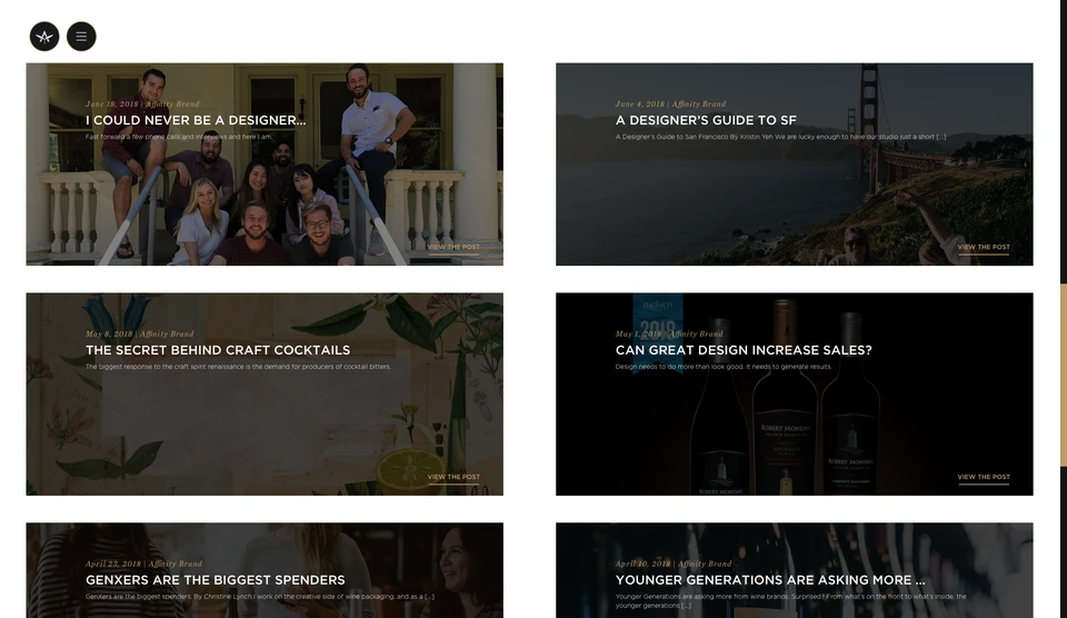 Affinity website journal with the winged A navigation mark and a grid of articles about design, people and brands.