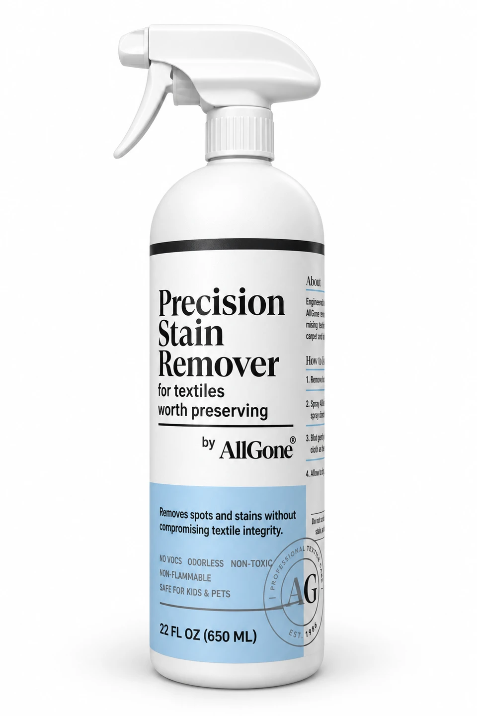 White AllGone spray-bottle concept with a product-first label and pale blue lower panel