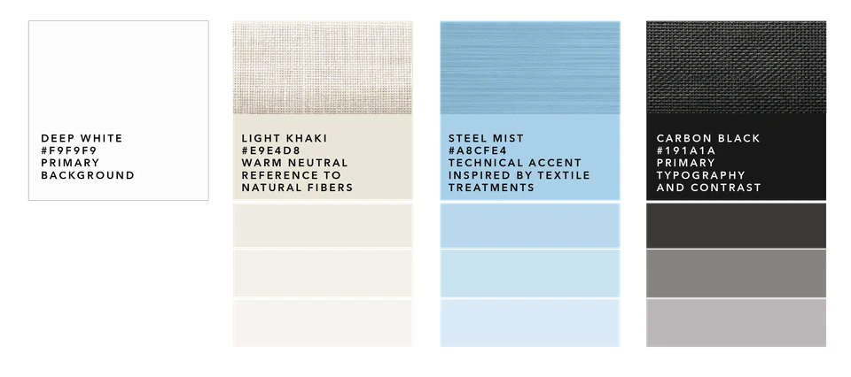AllGone palette with Deep White, Light Khaki, Steel Mist blue and Carbon Black, paired with fabric textures and tonal variations