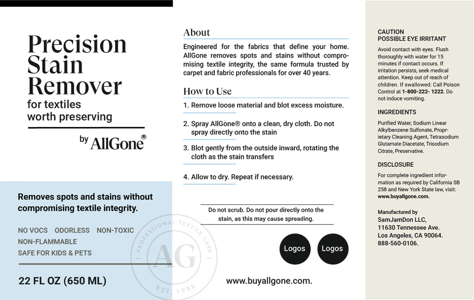 AllGone flat label development showing the Precision Stain Remover headline, brand signature, pale blue panel and organized use instructions
