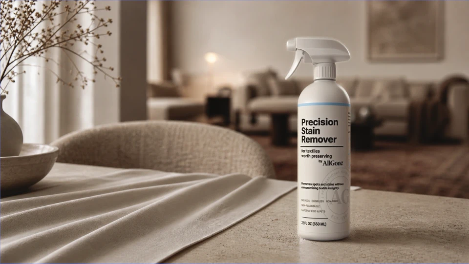 AllGone white spray-bottle and label development in a warm interior with a pale textile in the foreground
