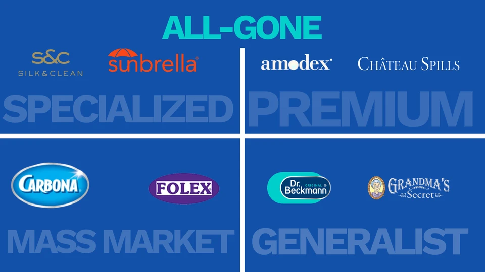Early AllGone strategy slide grouping competitor brands under specialized, premium, mass-market and generalist headings
