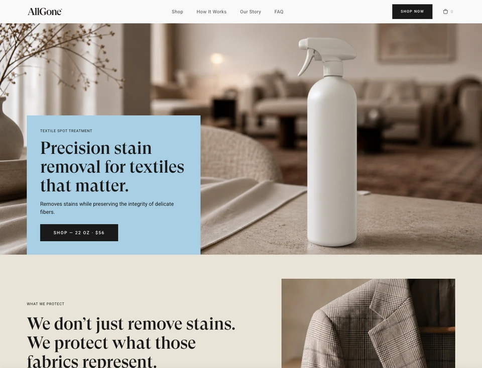 AllGone website design preview with a white bottle visualization, pale blue product introduction and a section about preserving valued fabrics