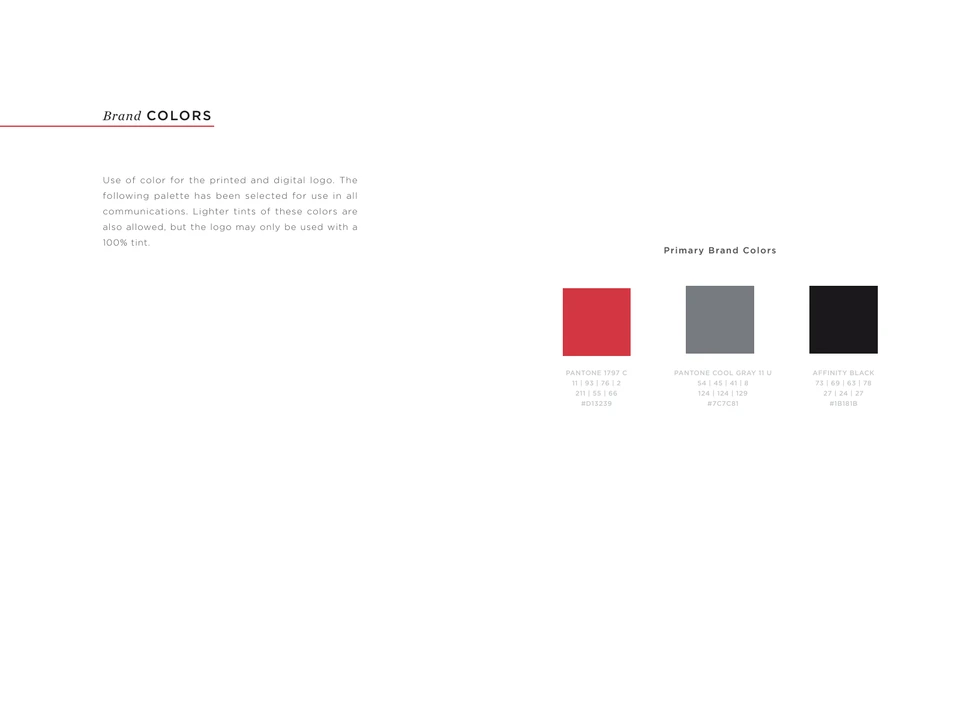 Affinity color guidelines specifying the red, cool gray and black brand palette.