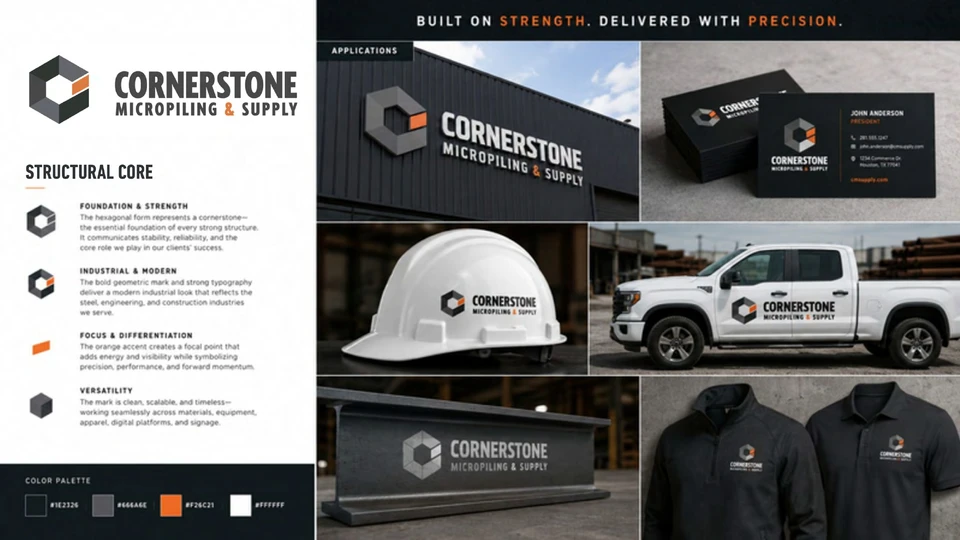 Cornerstone identity mockups on building signage, business cards, a hard hat, a truck and workwear.