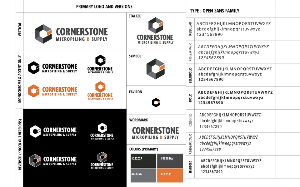 Brand system / Logo versions, color, and typography.