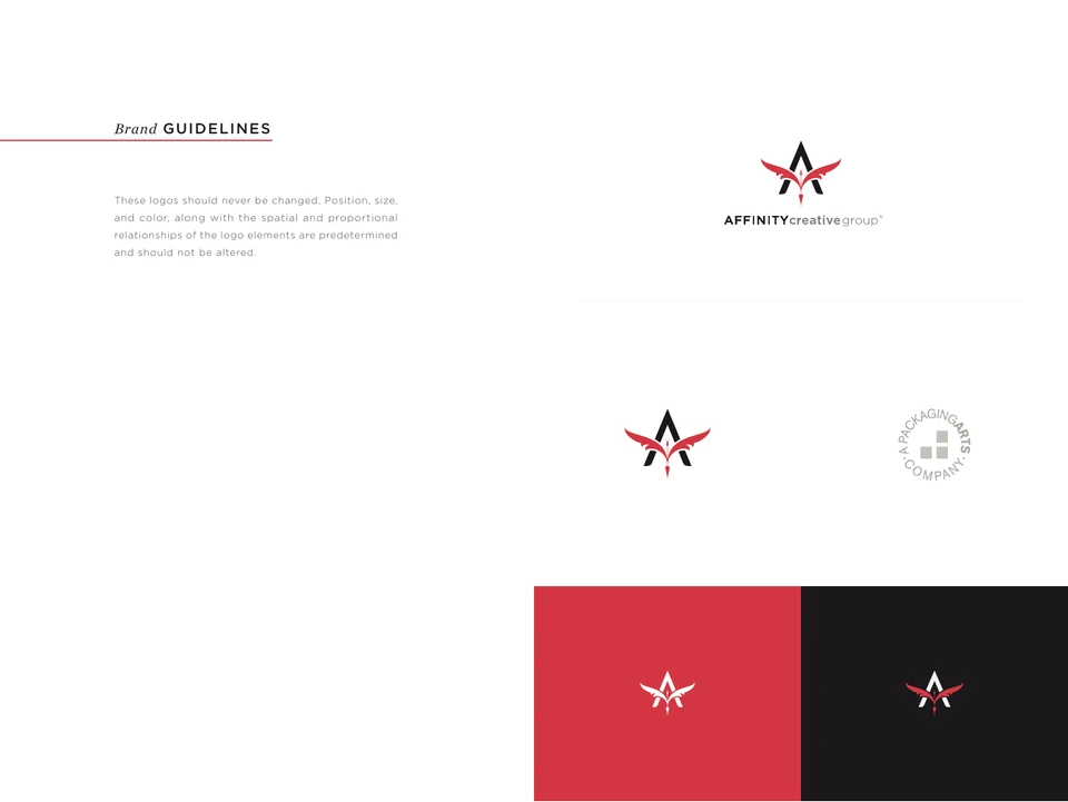 Affinity brand guidelines showing the full signature, standalone symbol, endorsement and reversed color applications.