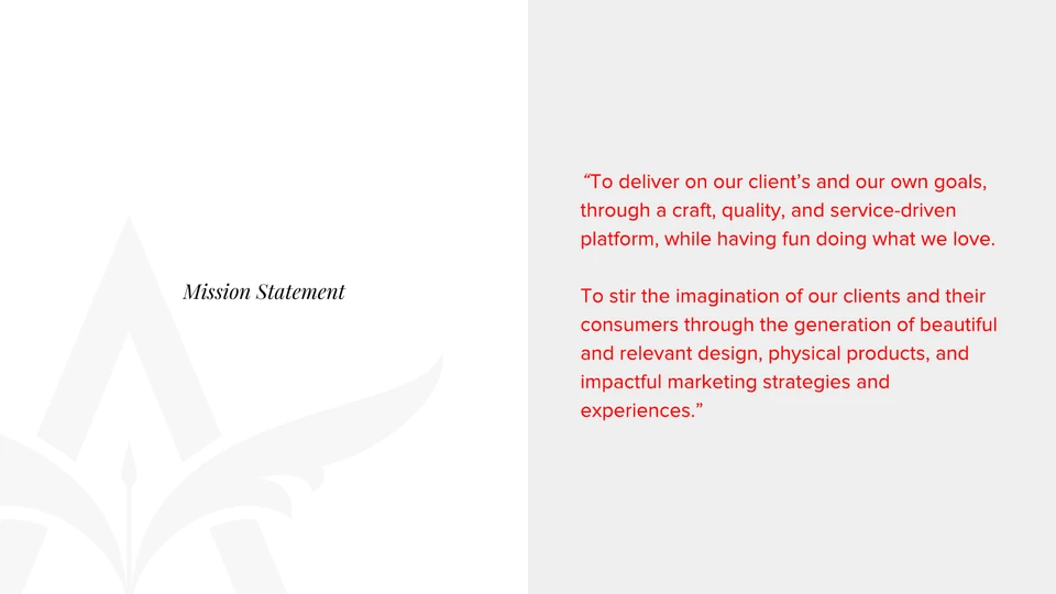 Affinity mission statement about client goals, craft, quality, relevant design and marketing experiences.