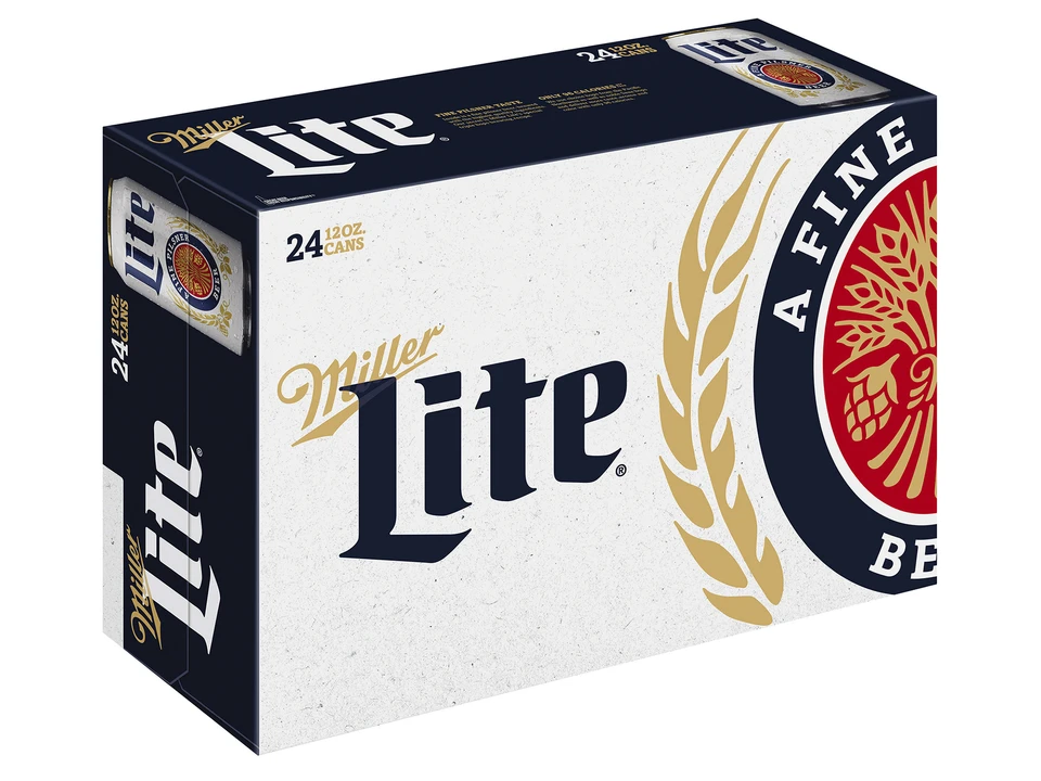 Miller Lite 24-pack with the restored white, navy and gold identity.