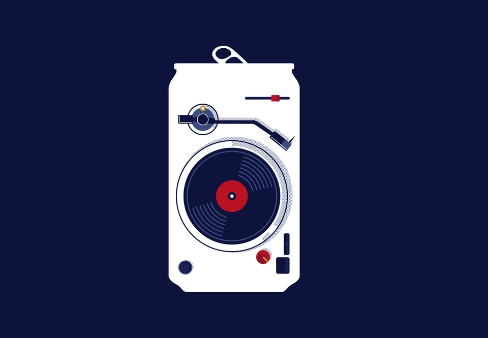 Miller Lite can silhouette reimagined as a record player in navy, white and red.