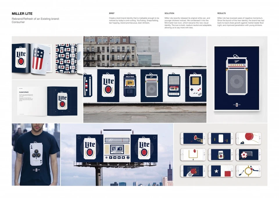 A Miller Lite brand-system presentation showing packaging, can illustrations, merchandise, advertising and retail applications.
