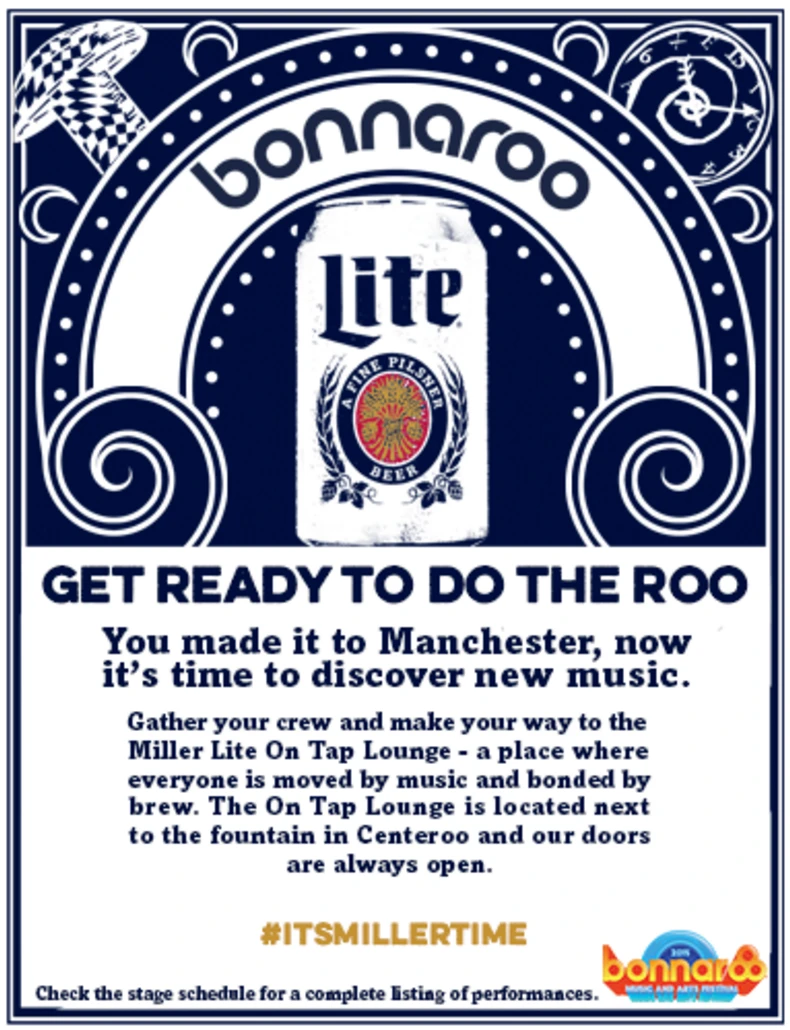 Miller Lite Bonnaroo magazine advertisement with illustrated festival graphics and a white can.