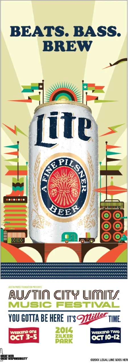 Miller Lite Austin City Limits festival banner with an illustrated skyline and white can.