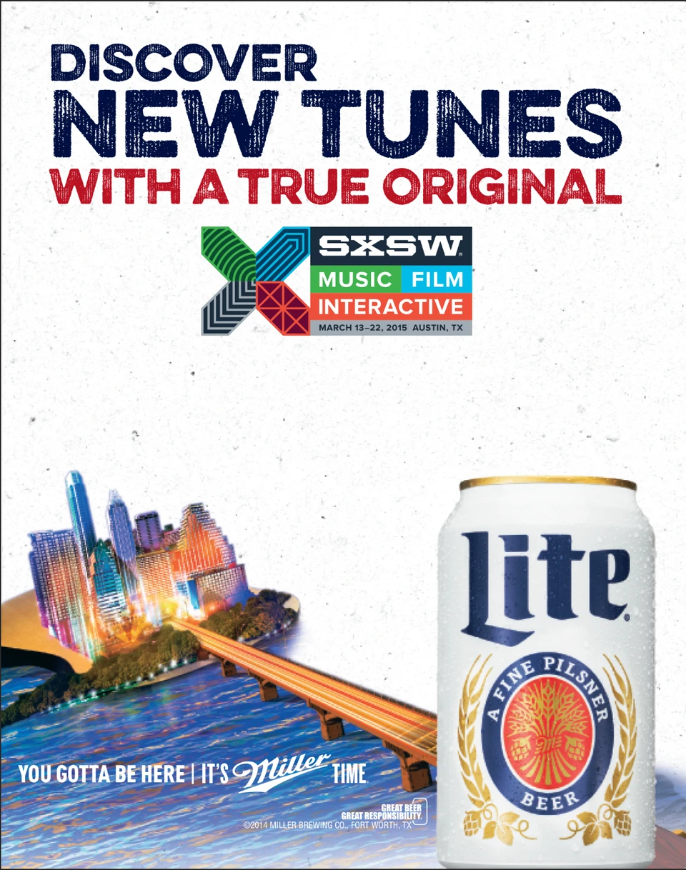 Miller Lite SXSW music promotion with a white can and illustrated Austin nightlife.