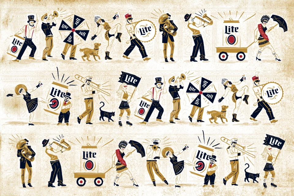 Illustrations of musicians, dancers and Miller Lite cans for a New Orleans jazz festival activation.