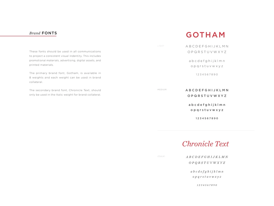 Affinity typography guidelines with Gotham Light and Medium specimens and Chronicle Text italic.