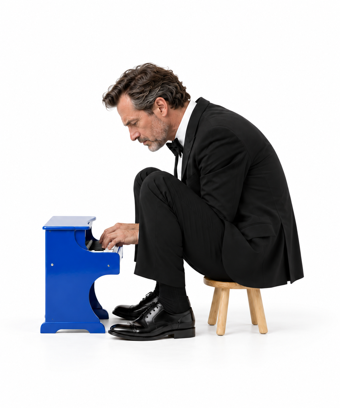 An accomplished pianist in a tuxedo, seen in profile, squeezed onto a tiny stool playing a blue toy piano: talent that has outgrown its presentation.