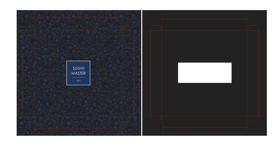 Die-cut layout for the Sushi Master Set box showing the printed lid and the base with fold and cut lines