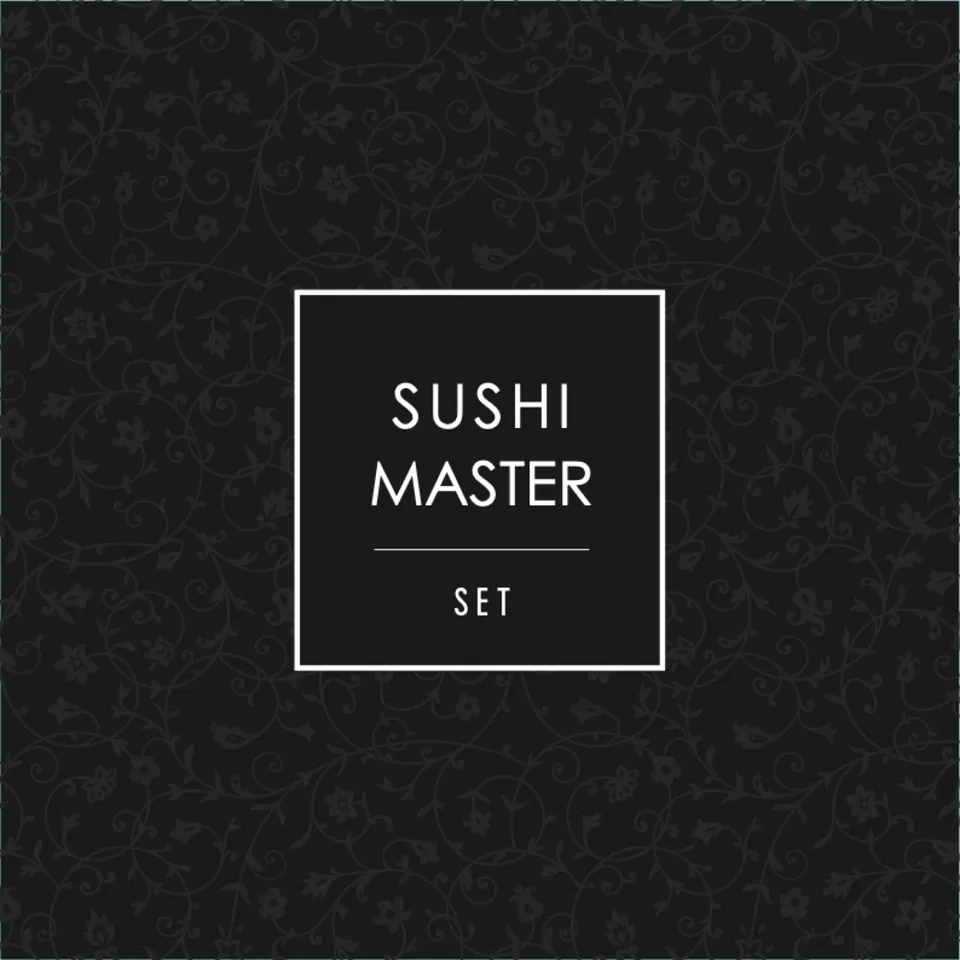 Sushi Master Set box lid artwork: black with a tone-on-tone floral pattern and a framed SUSHI MASTER SET title