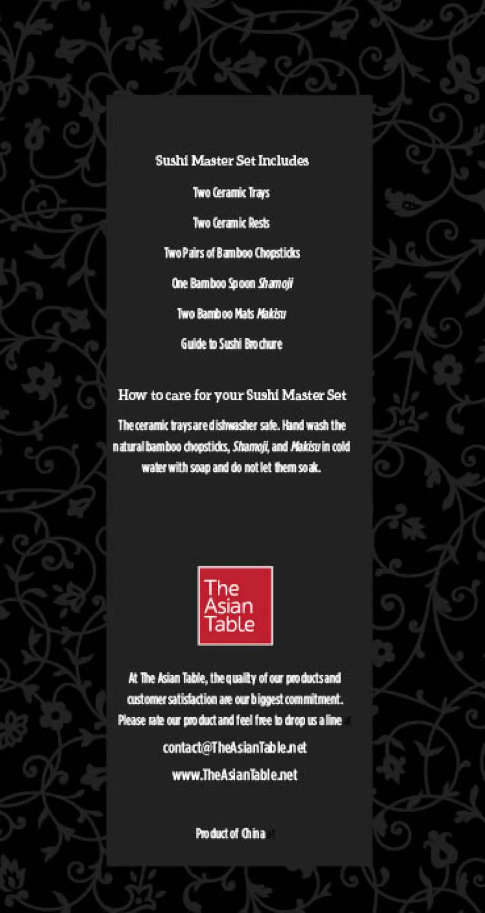 Back of the guide listing what the set includes, care instructions and The Asian Table signature