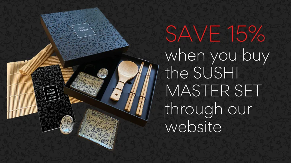 Offer graphic: SAVE 15% when you buy the Sushi Master Set through our website, beside the open box