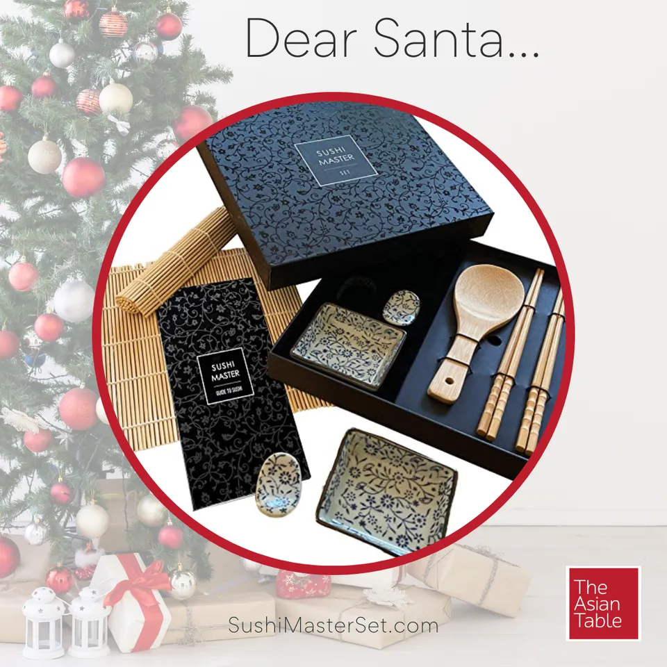 Social post: Dear Santa, with the Sushi Master Set inside a red circle against a Christmas tree