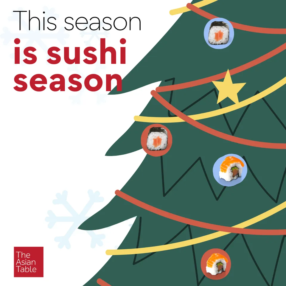 Social post: This season is sushi season, with sushi ornaments on a Christmas tree