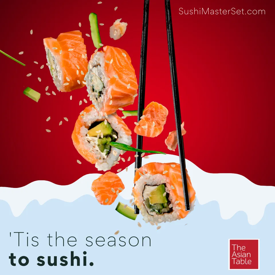 Social post: Tis the season to sushi, with sushi pieces falling onto red