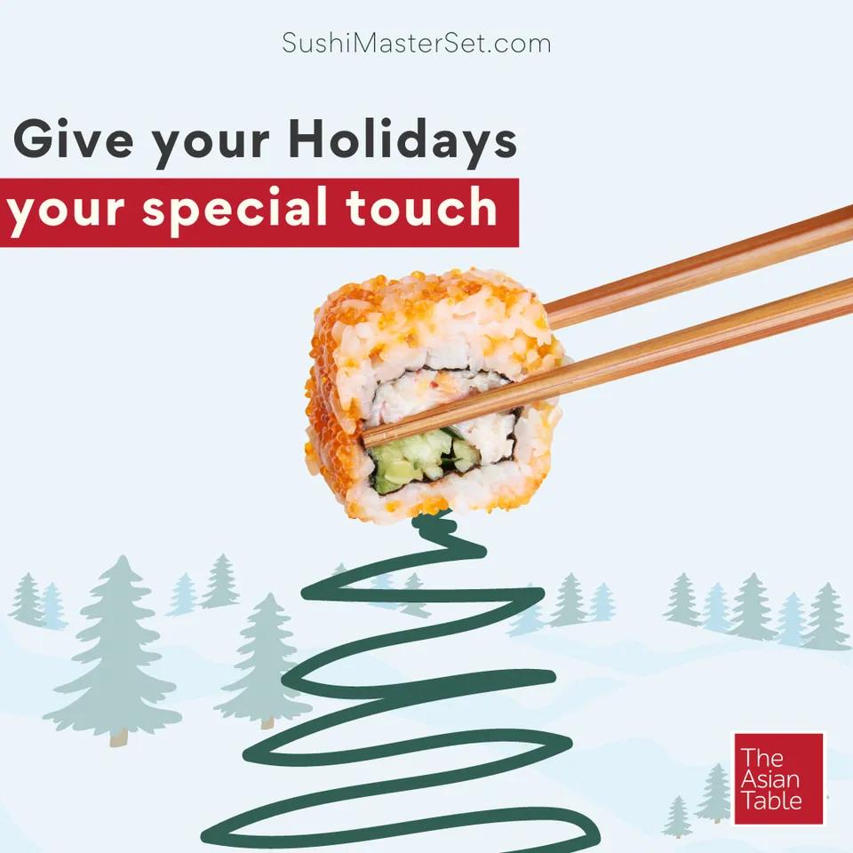 Social post: Give your holidays your special touch, with a sushi roll in chopsticks above a tree-shaped swirl